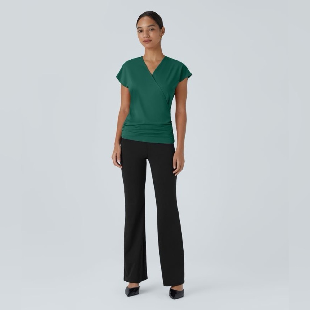 Halara V Neck Cap Sleeve Crossover Ruched Solid Work Blouse small - Picture 5 of 7